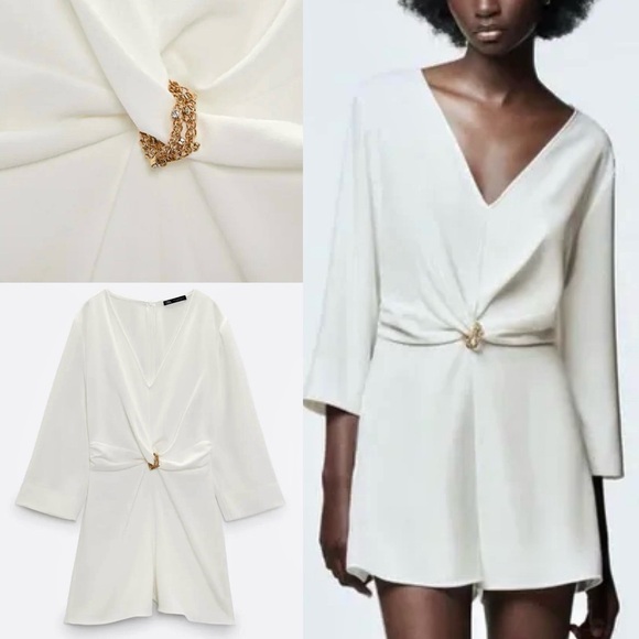 Zara Dresses Zara Nwt V Neck White Dress With Gold Chain Detail